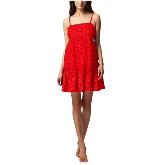 NEW CeCe Womens Floral Print Babydoll Mini Dress Mars‎ Red Size M Tiered Ruffled - Picture 12 of 12